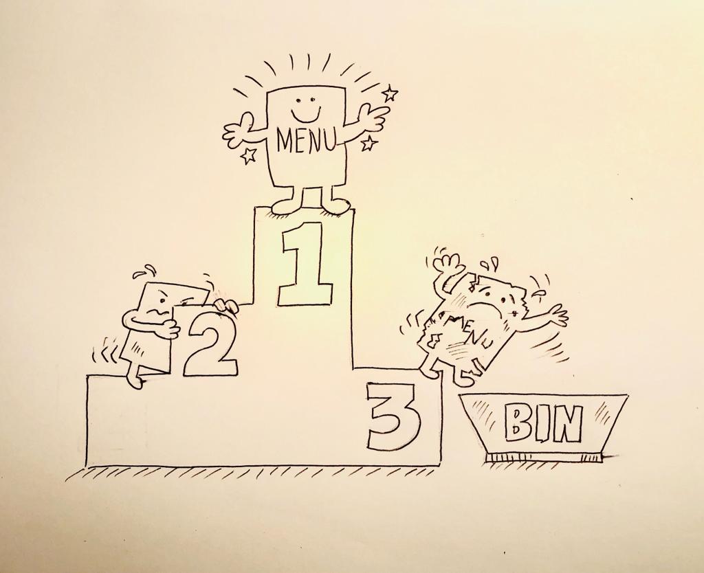 Menus on a podium. Bottom menu falling into a bin