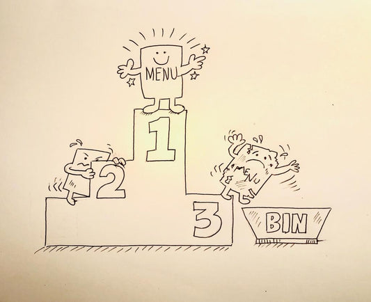 Menus on a podium. Bottom menu falling into a bin