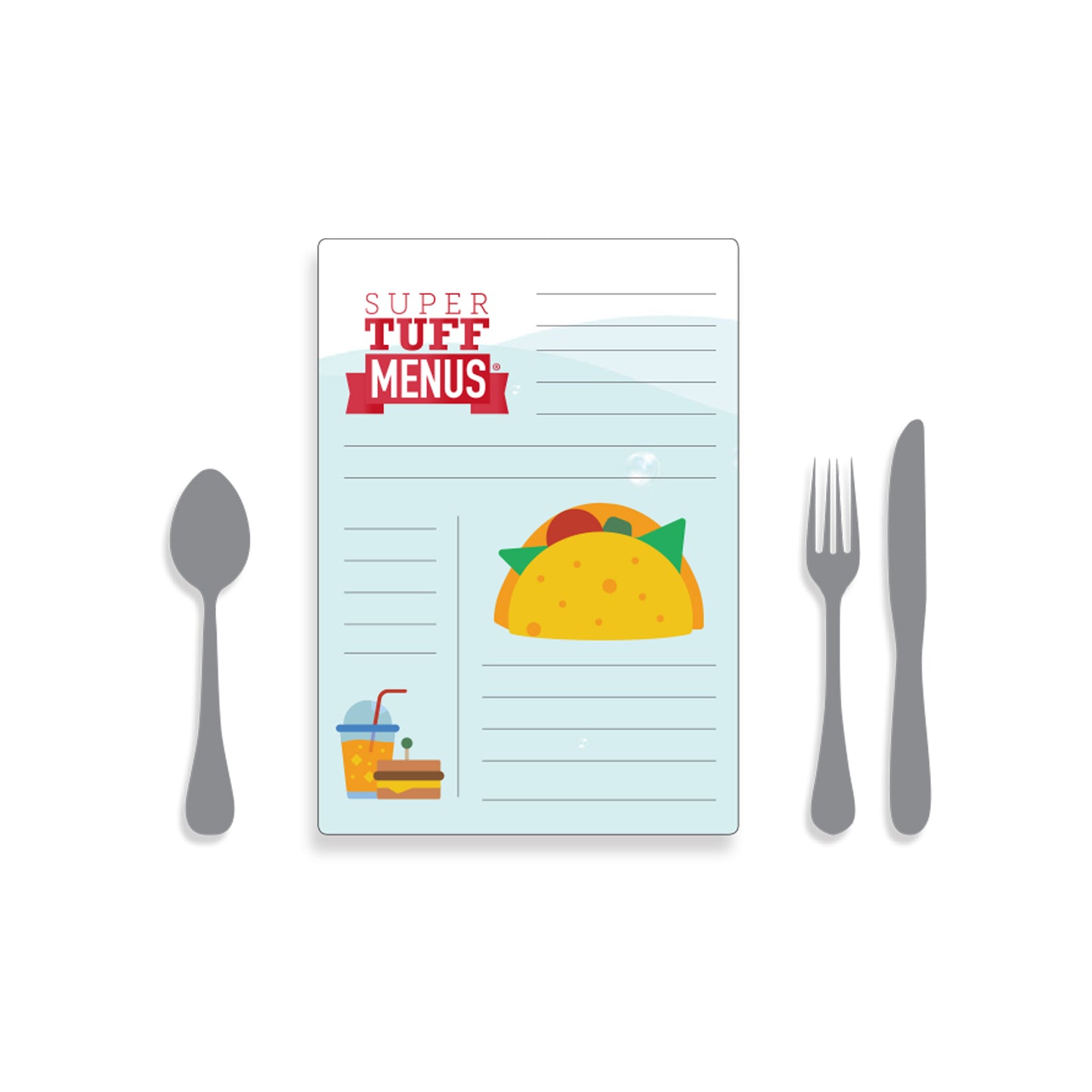 A portrait A4 drawing of our washable SuperTuffMenus along side drawings of cutlery to give the size impression