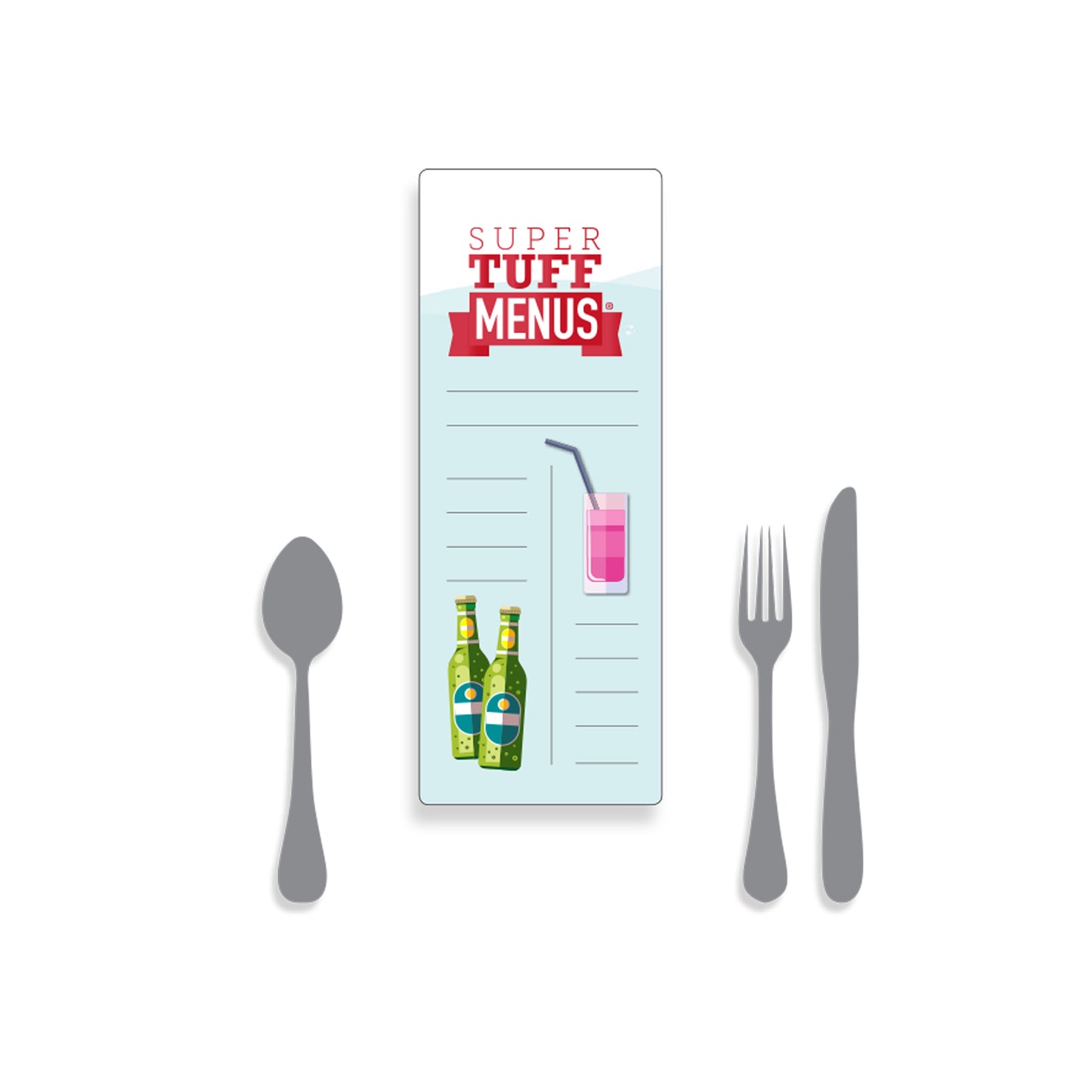 A drawing of our half A4 long thin menu long lasting and washable SuperTuffMenus along side a knife, fork and spoon to give the size context