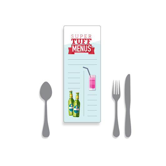 A drawing of our half A4 long thin menu  long lasting and washable SuperTuffMenus along side a knife, fork and spoon to give the size context