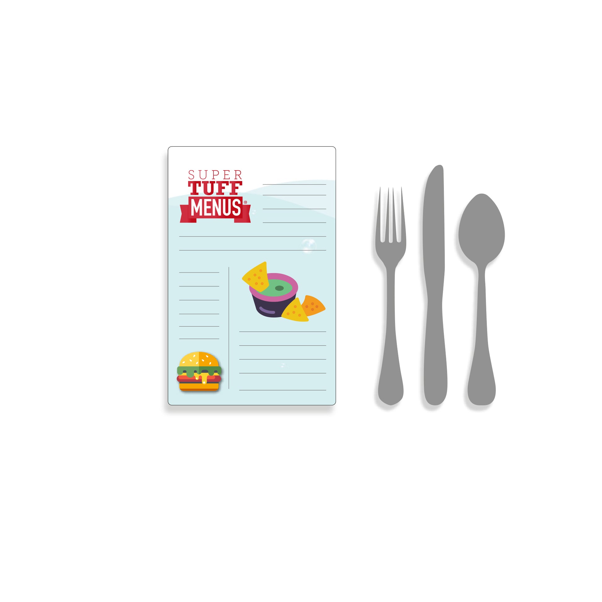 A portrait Half Letter sized drawing of our SuperTuffMenus beside images of cutlery to give the size impression. These menus are washable.