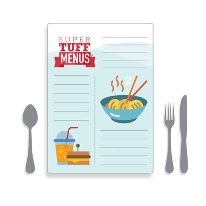 A portrait A3 illustration of our washable SuperTuffMenus along side drawings of a knife fork and spoon to give the size context