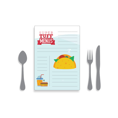 A portrait A4 drawing of our washable SuperTuffMenus along side drawings of cutlery to give the size impression