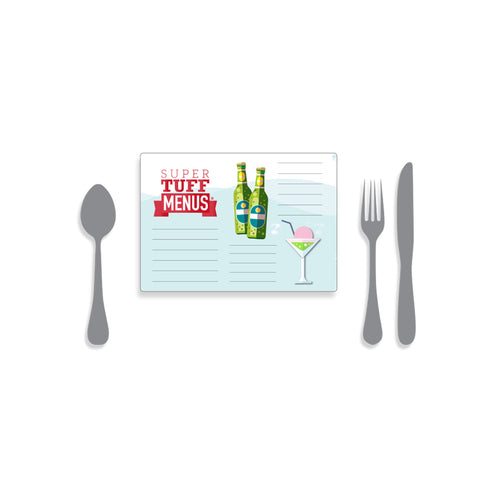 Illustration of landscape A5 Super Tuff Menu with cutlery to give scale