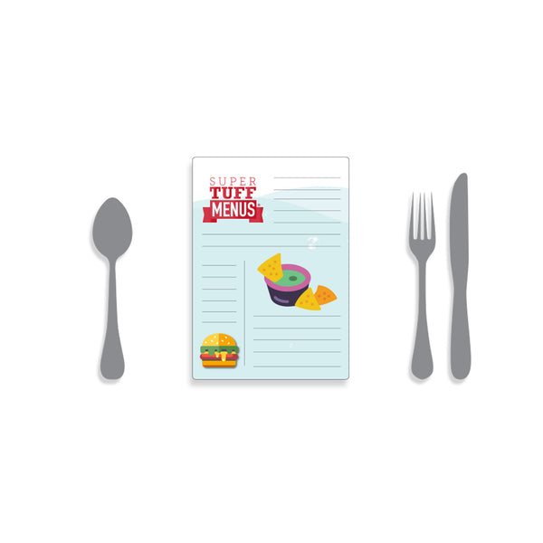 Illustration of portrait A5 Super Tuff Menu with cutlery to give scale