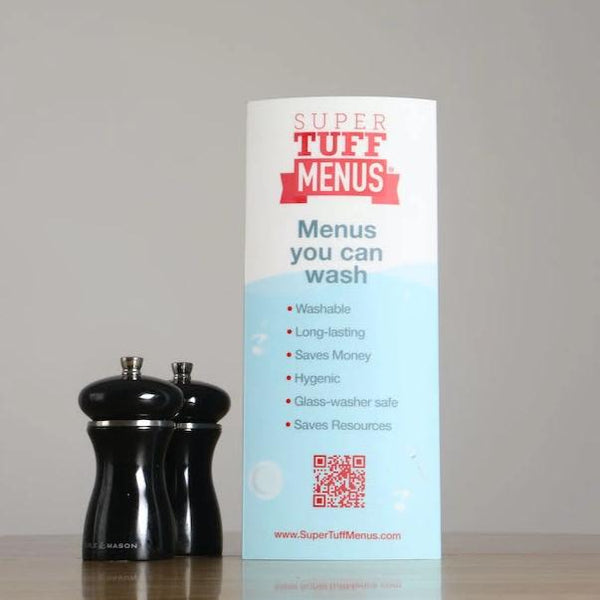 3 sided washable table talker large sized with salt and pepper grinders to give scale