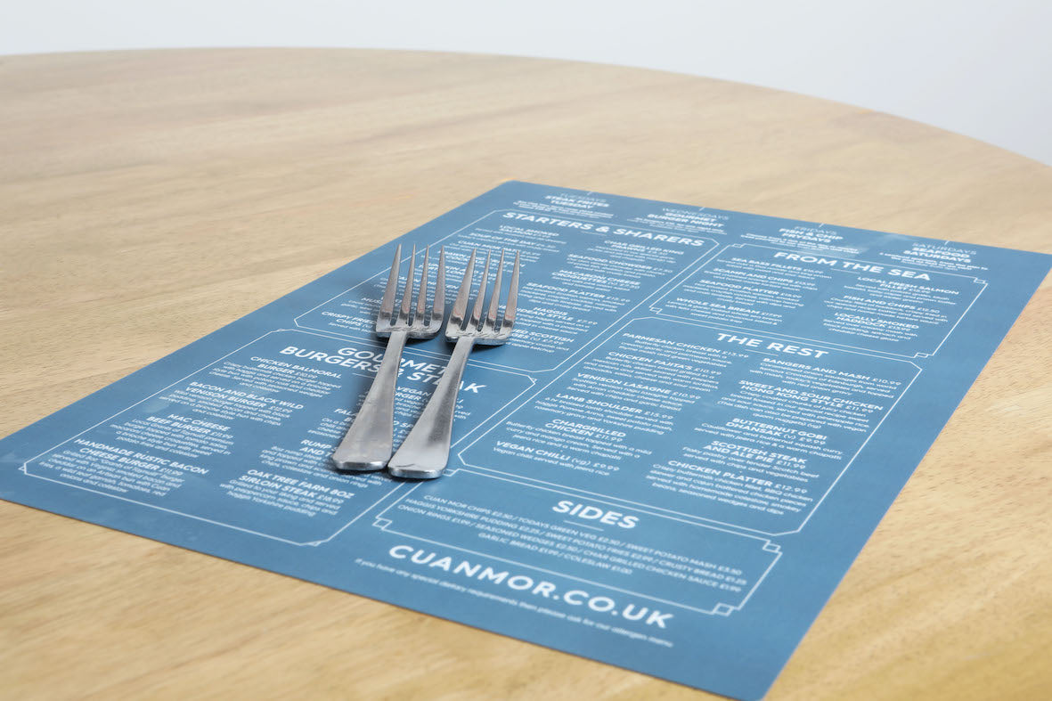 an image of a blue and white wipeable SuperTuffMenu on a table lying on the menu are some forks to give size context