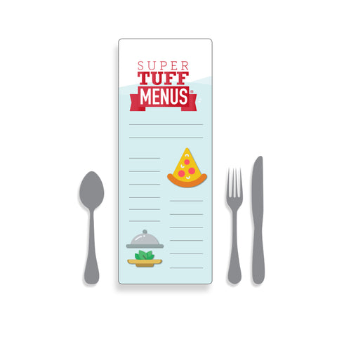 A drawing of our Long thin,  long lasting and washable SuperTuffMenus along side drawings of cutlery to give the size impression