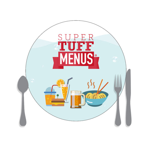 A drawing of our large round placemat washable SuperTuffMenus along side drawings of cutlery to give the size impression