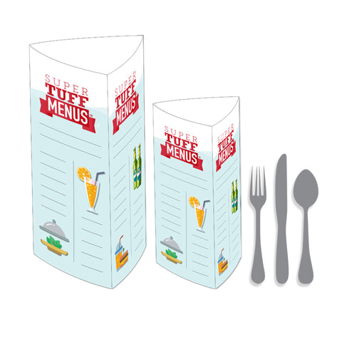 Illustration drawing of standard and large table talker side by side with cutlery for scale