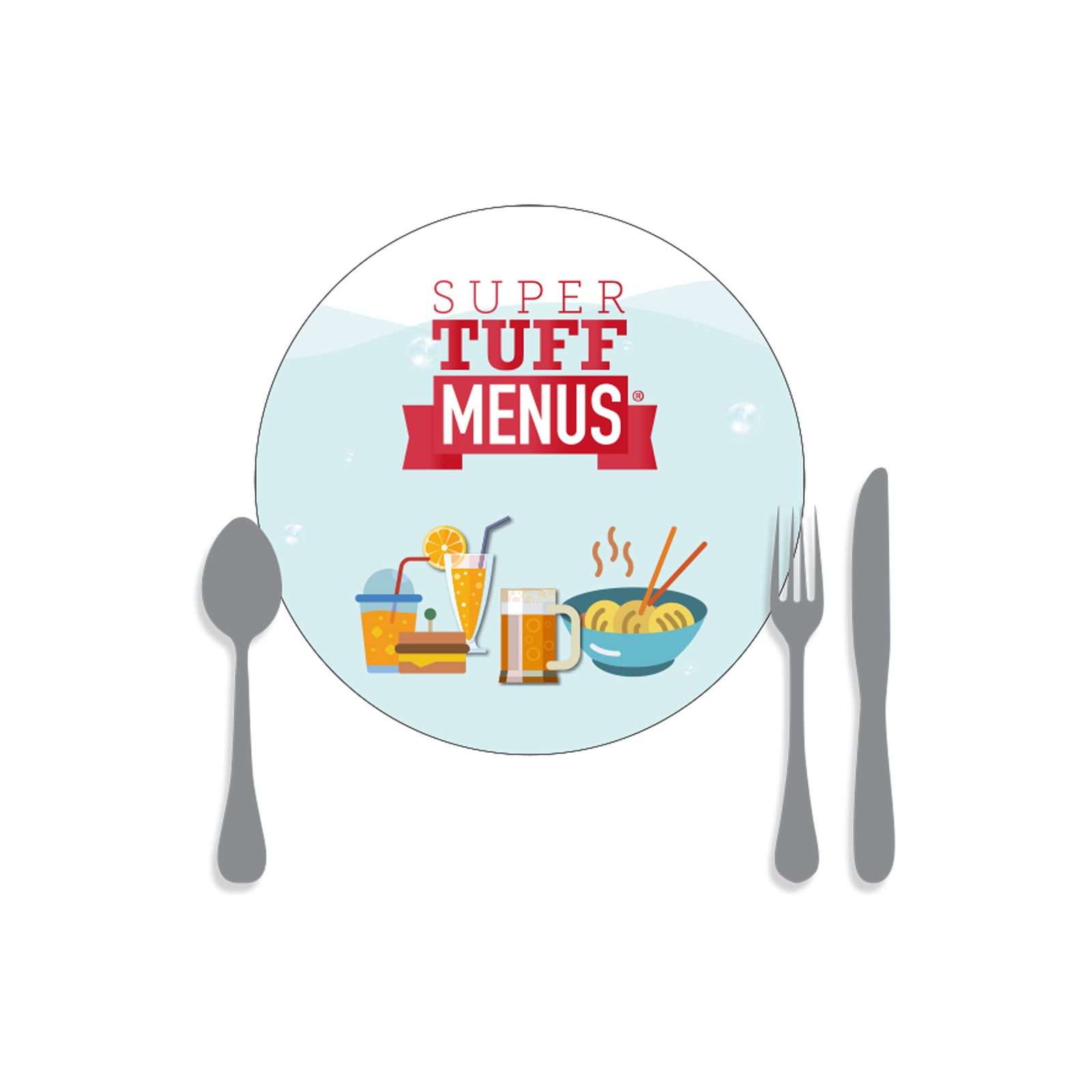 A drawing of our small round placemat SuperTuffMenus along side drawings of cutlery to give the size impression