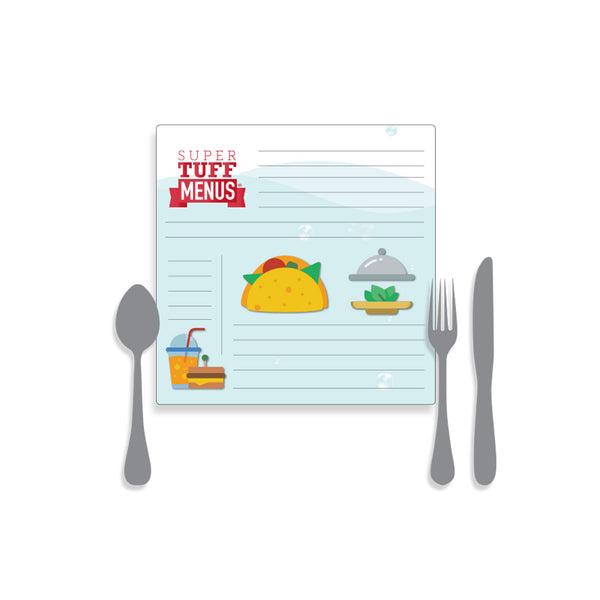 A drawing of our small square SuperTuffMenus along side drawings of cutlery to give the size impression