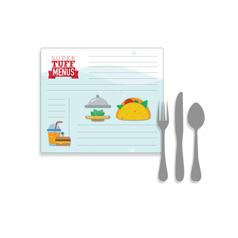 A landscape image of the Government Letter sized SuperTuffMenu with cutlery to one side to give size context. These menus are washable and last longer