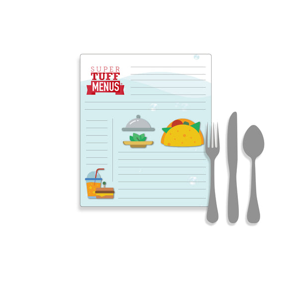 A portrait image of the Government Letter sized SuperTuffMenu with cutlery to one side to give size context. These menus are washable and last longer
