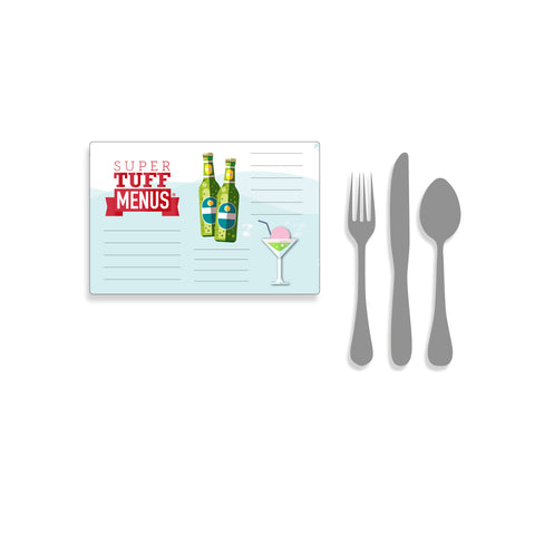 A landscape Half Letter sized drawing of our SuperTuffMenus beside images of cutlery to give the size impression. These menus are washable.