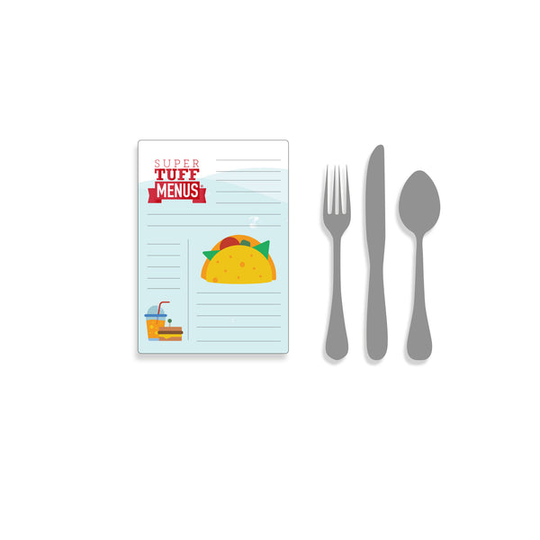 A portrait Junior Legal sized drawing of our washable SuperTuffMenus along side drawings of cutlery to give the size impression